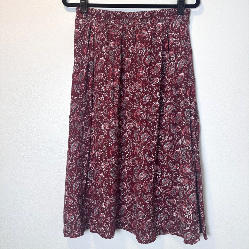 Garnet Hill Size-XS‎ Midi Skirt Paisley Print Burgundy Pockets Elastic Waist